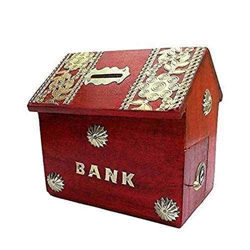 Wooden Money Bank for Kids, Red Colour, Coin Saving Gullak