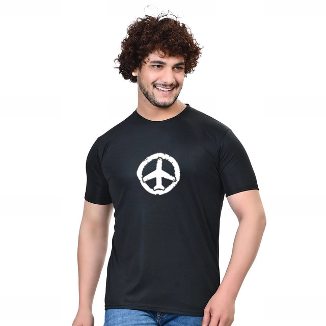 Cotton Blend Round Neck Printed T-Shirt for Men (Black, S)