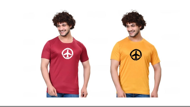 Cotton Blend Round Neck Printed T-Shirt for Men (Maroon & Yellow, S) (Pack of 2)