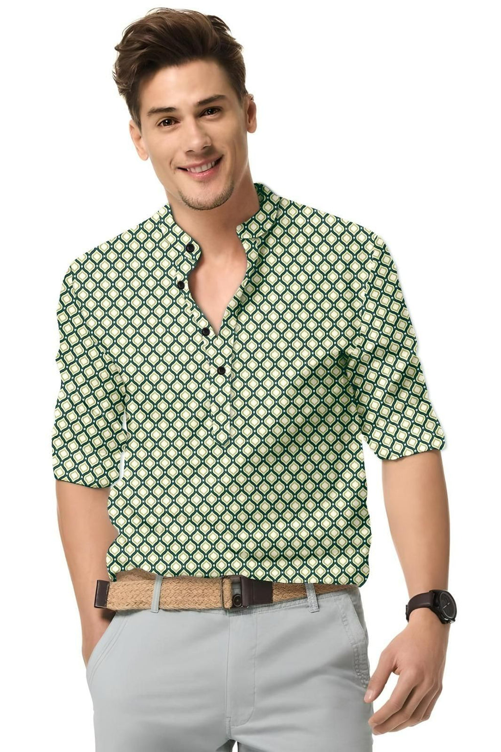 Men's Printed Spread Collar Casual Shirt Green & Cream