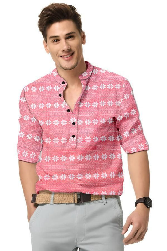 Men's Printed Spread Collar Casual Shirt Pink