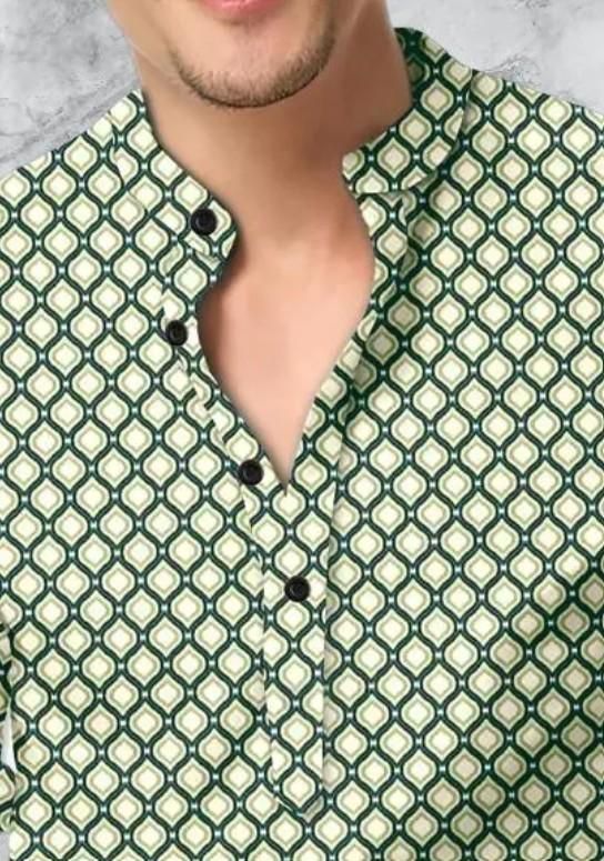 Men's Printed Spread Collar Casual Shirt Green & Cream