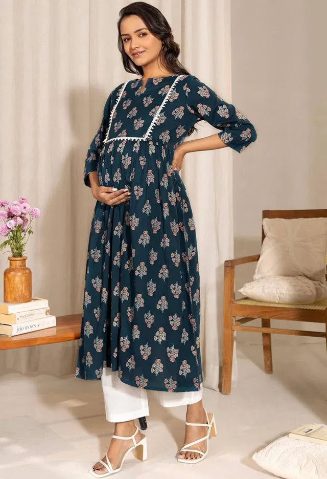Floral Printed Notch Neck A-Line Maternity Kurta