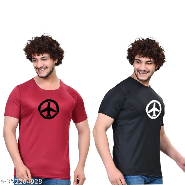 Cotton Blend Round Neck Printed T-Shirt for Men (Black & Maroon, S) (Pack of 2)