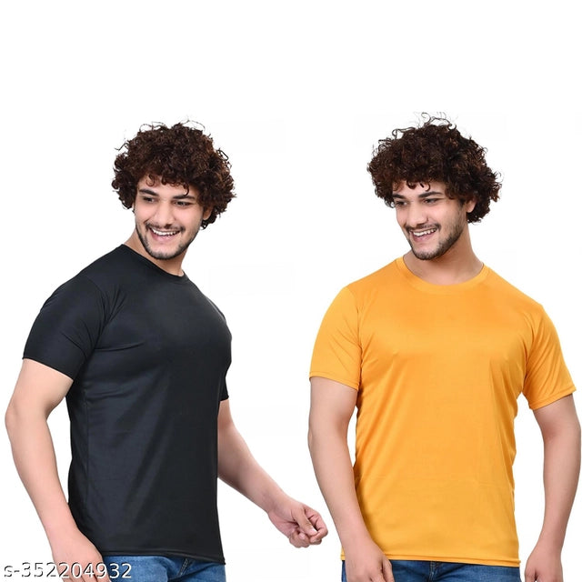 Round Neck Solid T-Shirt for Men (Black & Yellow, S) (Pack of 2)