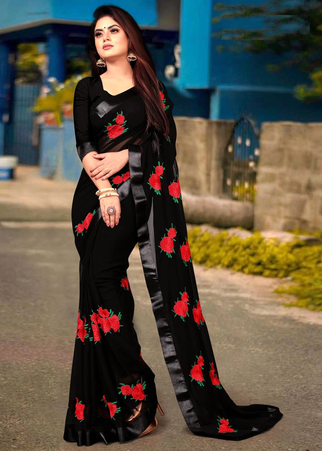 Georgette Embroidered Saree for Women (Bottle Green, 6.3 m)