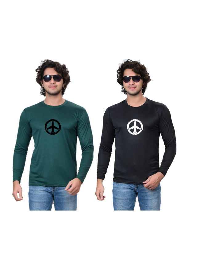 Cotton Blend Round Neck Printed T-Shirt for Men (Green & Black, S) (Pack of 2)