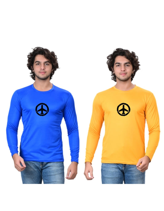 Cotton Blend Round Neck Printed T-Shirt for Men (Blue & Yellow, S) (Pack of 2)