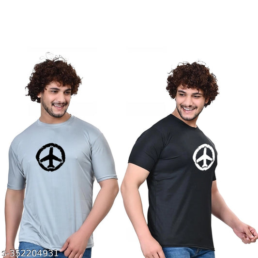 Cotton Blend Round Neck Printed T-Shirt for Men (Black & Grey, S) (Pack of 2)