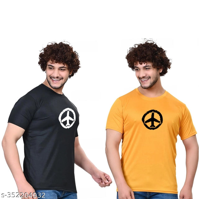 Cotton Blend Round Neck Printed T-Shirt for Men (Black & Yellow, S) (Pack of 2)