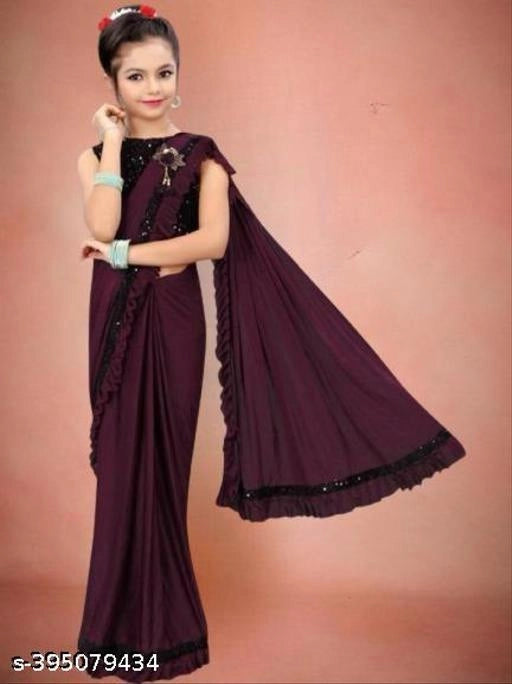 Lycra Solid Saree for Girls (Wine, 8-9 Years)