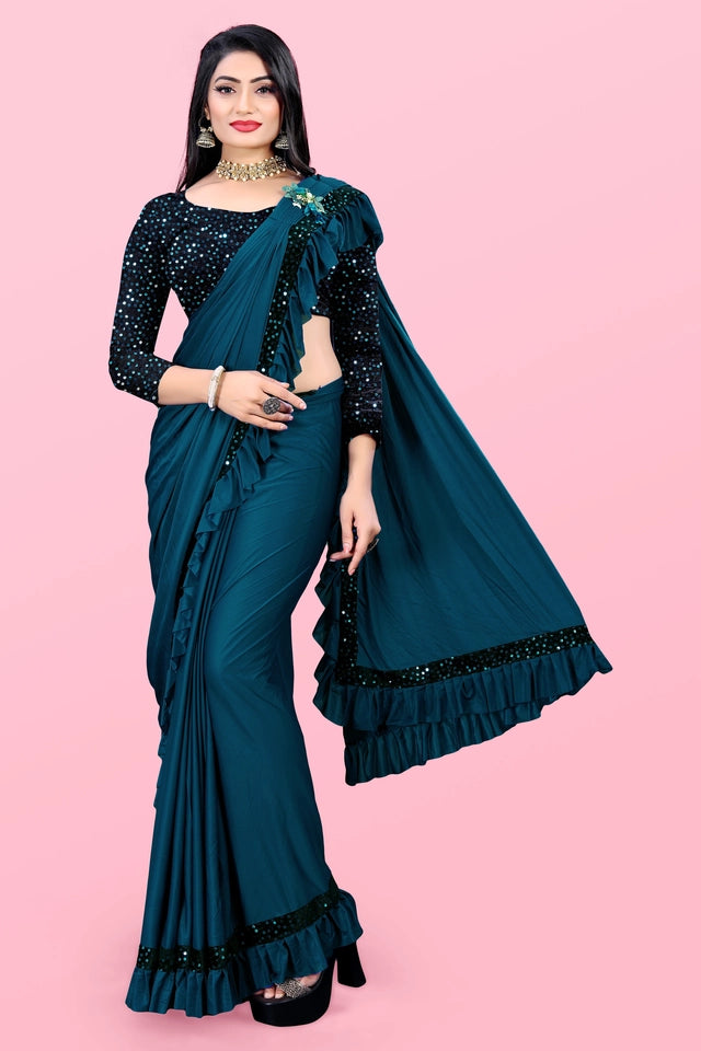 Lycra Blend Solid Saree for Women (Sea Green, 6.3 m)