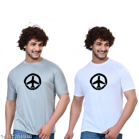 Cotton Blend Round Neck Printed T-Shirt for Men (White & Grey, S) (Pack of 2)