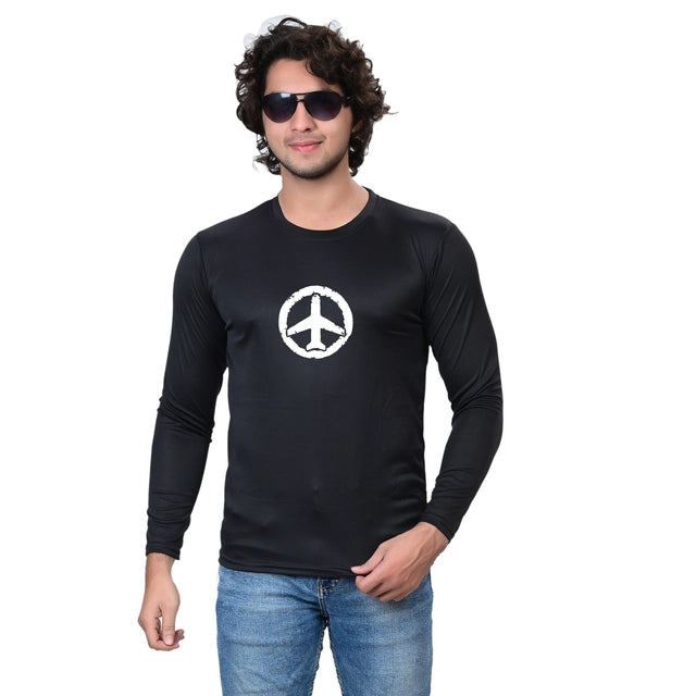 Cotton Blend Round Neck Printed T-Shirt for Men (Black, S)