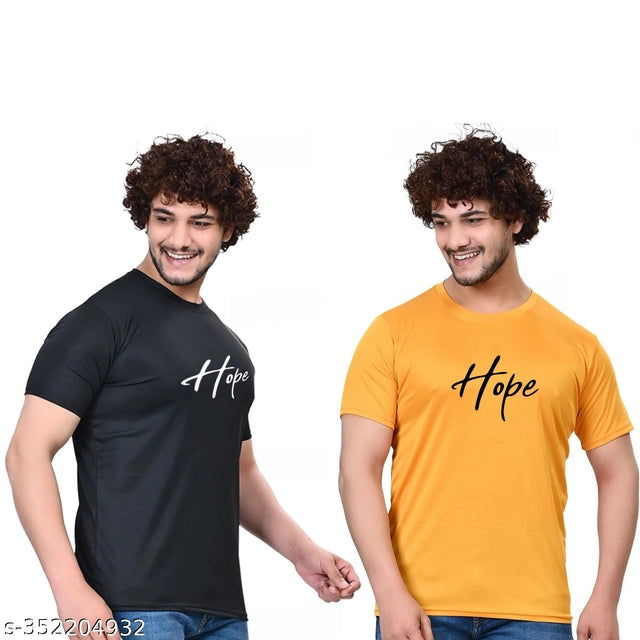 Round Neck Printed T-Shirt for Men (Black & Yellow, S) (Pack of 2)