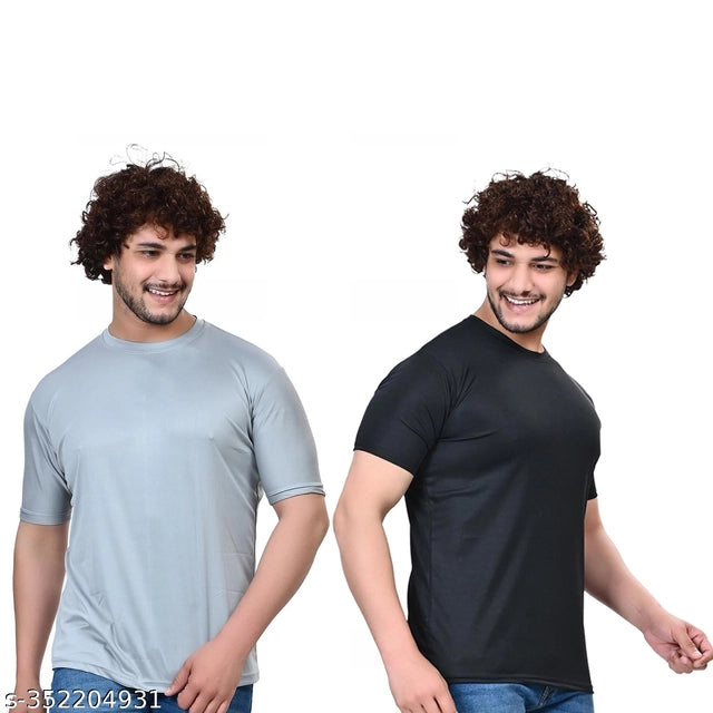 Round Neck Solid T-Shirt for Men (Black & Grey, S) (Pack of 2)