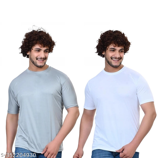 Round Neck Solid T-Shirt for Men (White & Grey, S) (Pack of 2)