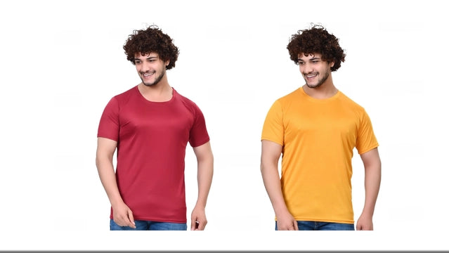 Round Neck Solid T-Shirt for Men (Maroon & Yellow, S) (Pack of 2)